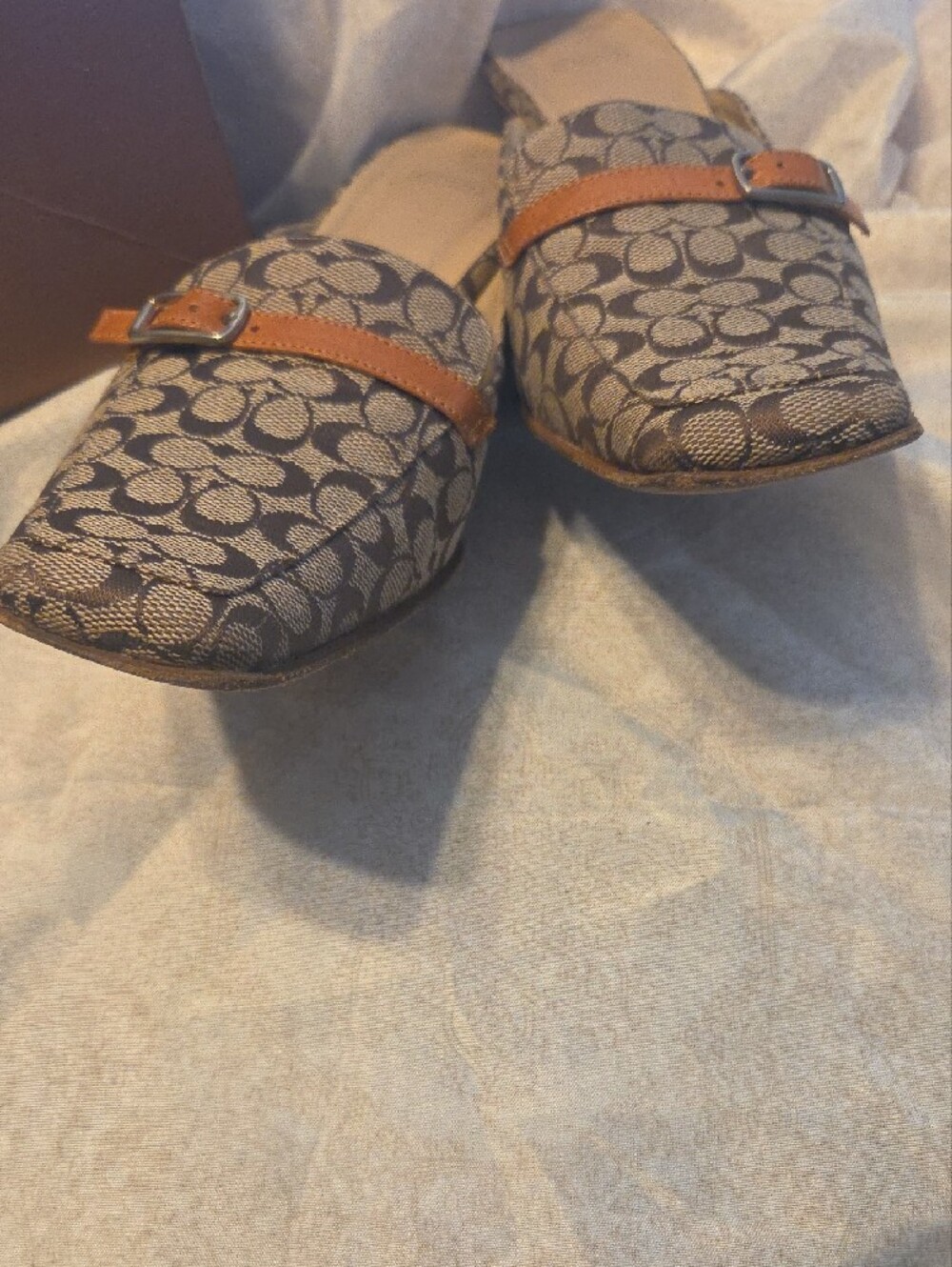 Coach Brown Signature Monogram Slip-On Mules with Tan Strap - Picture 2 of 5